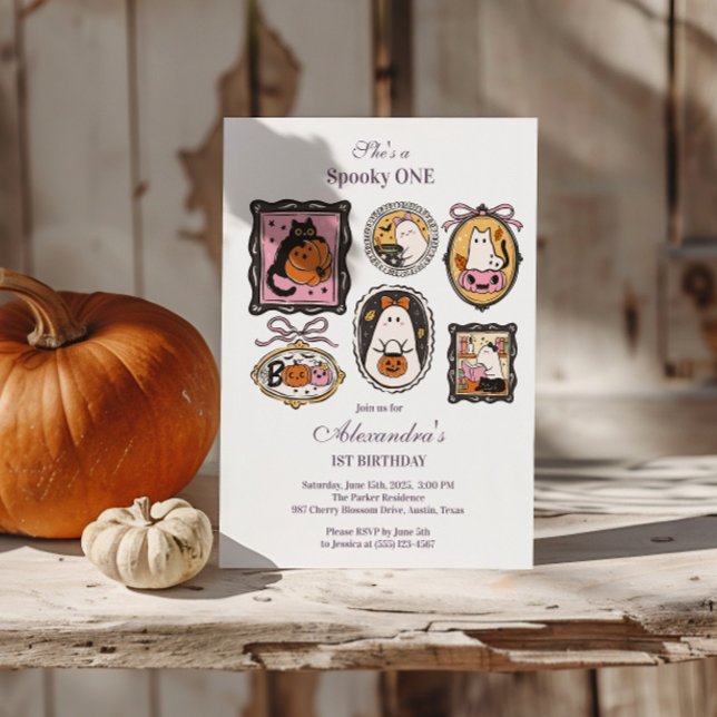 Framed Ghost & Cat Halloween 1st Birthday Inbjudningar (Skapare uppladdad)