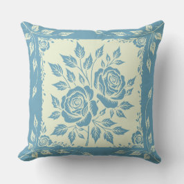 Framed Woodcut Bouquet Blue Kudde