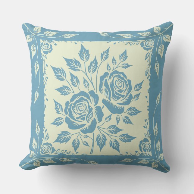 Framed Woodcut Bouquet Blue Kudde (Framsida)