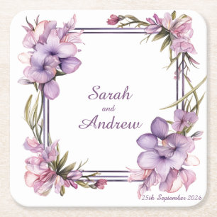 Framing Lilah Flower: Personlig Bröllop Underlägg Papper Kvadrat