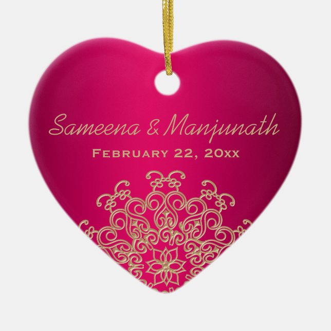 Främja Bröllopsfesten Fuchsia och Guld Indiska Sti Julgransprydnad Keramik (Framsidan)