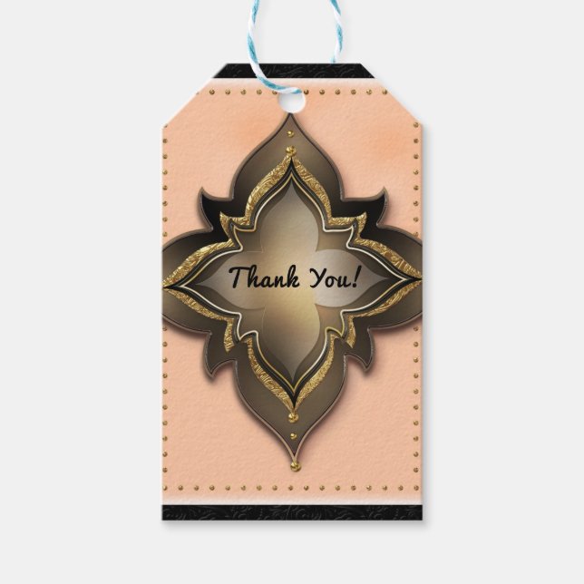 Främja Guld Black & Peach Exotic Chic Flower Party Presentetikett (Framsidan)