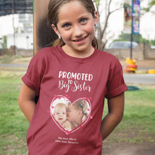 Främjad till Big Sister Syskon Heart Photo & Namn T Shirt