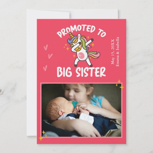 Främjad till Big Sister Unicorn Photo Baby Birth Meddelande (Framsida)