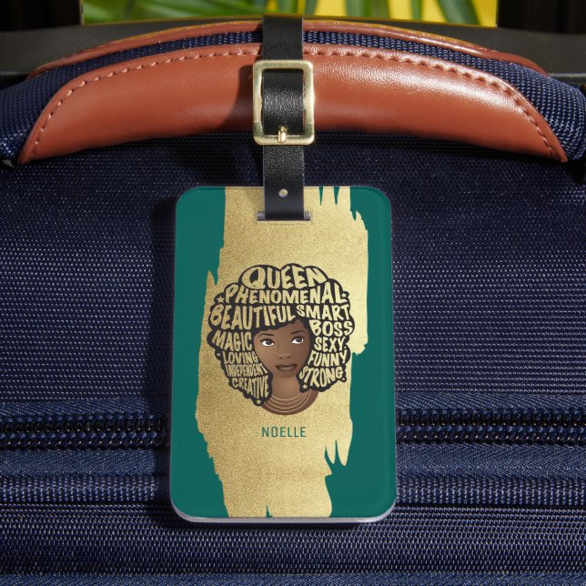 Främjande av svarta kvinnor, Naturhår, Guld Grönte Bagagebricka (Framsida Insitu 2)