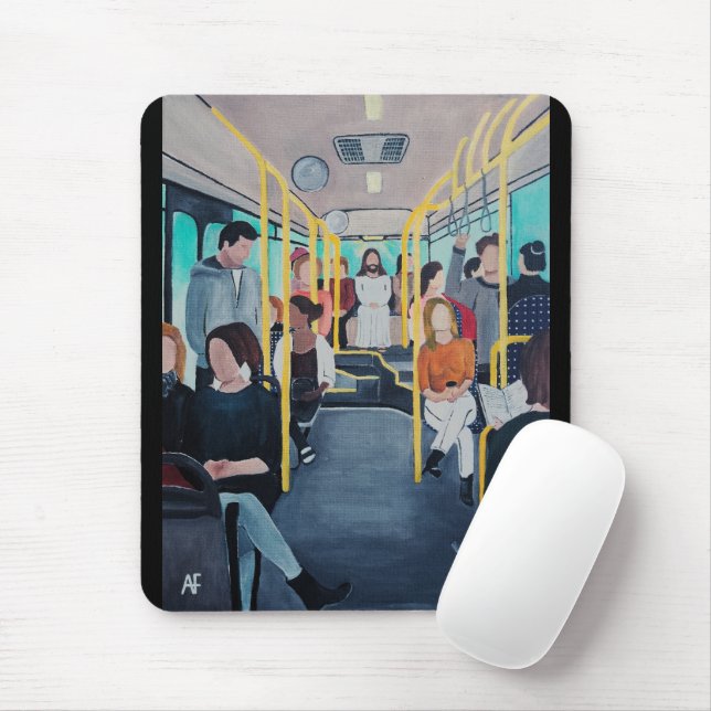 Främling på bussen Målning av Alfred Fox Musmatta (Med mus)
