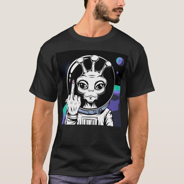 främmande astronaut rolig mittet finger t-shirt (Framsida)
