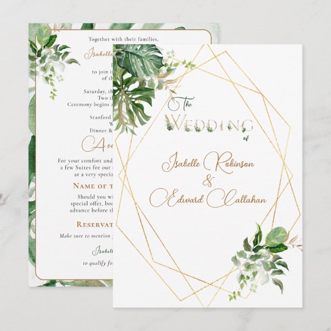 Främre & Bakre Gröna Tropiska Blad Guld Geometrisk Inbjudningar (Fram/baksida)