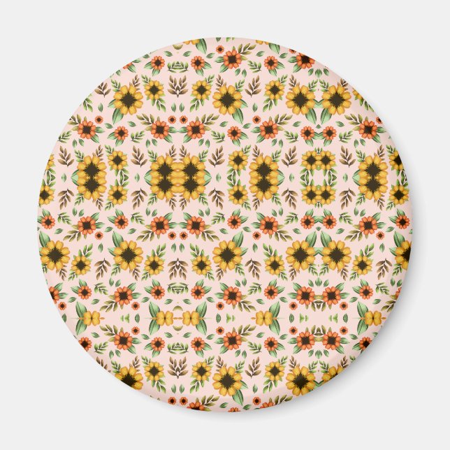 Framsidan av en rund knapp med en färgrik blomster magnet (Framsidan)