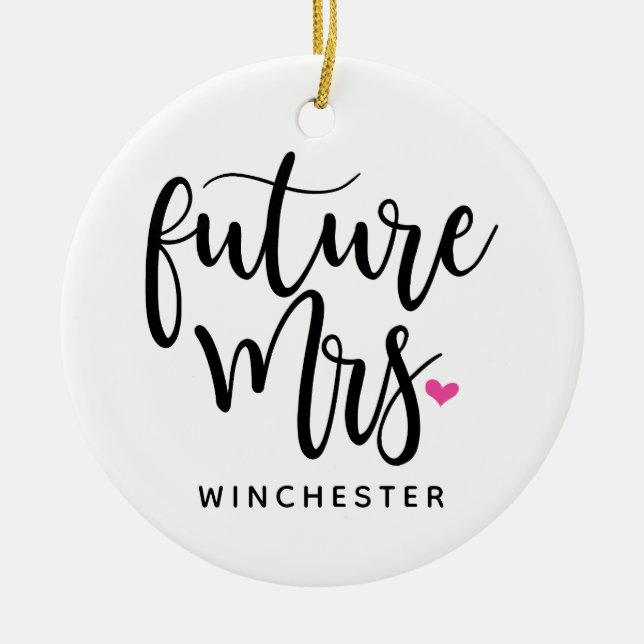 Framtida Fru (namn) i svart skrivar Julgransprydnad Keramik (Framsidan)