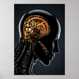 Framtida Guld Mekanisk Hjärna Svart Cyborg Huvud Poster