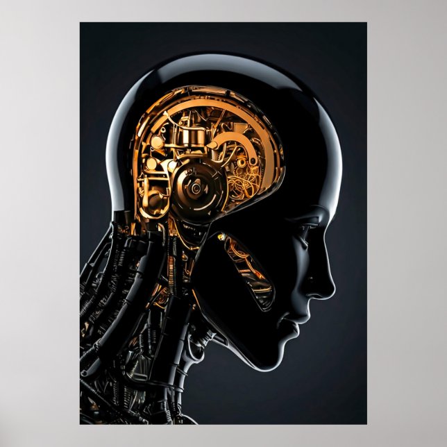 Framtida Guld Mekanisk Hjärna Svart Cyborg Huvud Poster (Framsidan)