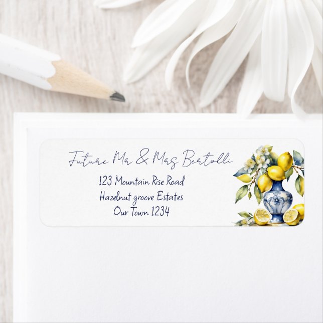 Framtida herr och fru Blue vas lemons bröllop Returadress Etikett (Insitu)