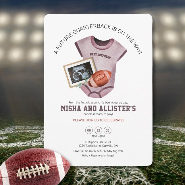 Framtida inbjudan till babystövel för kvarterback (Football-themed baby shower invite celebrating your future quarterback’s arrival.)
