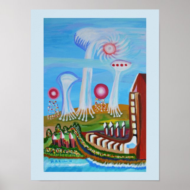 Framtida landskap med UFO Poster (Framsidan)