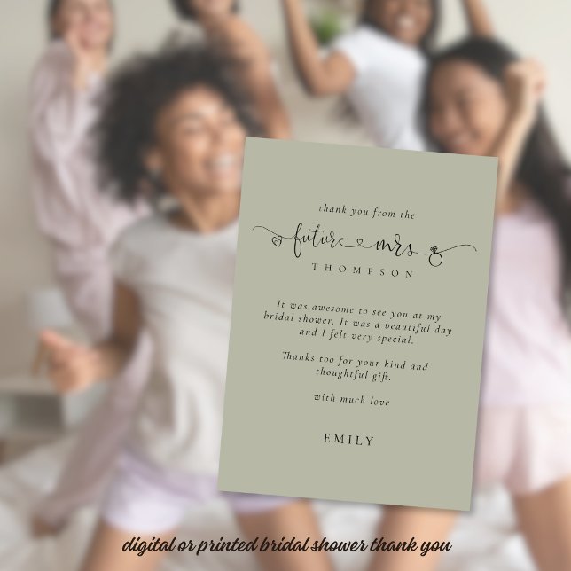 Framtida Mrs Möhippa Light Sage Tack Kort (Stylish sage bridal shower thank you - available digitally or printed)