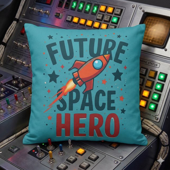 Framtida rymdhero retro raketfartygsdesign kudde (Future Space Hero Retro Rocket Ship Design Throw Pillow Mockup A)