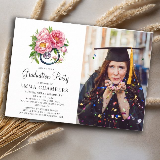 Framtida sjuksköterskestetoscope Blommigt Studente Inbjudningar (Skapare uppladdad)