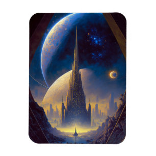 Framtida Space City Sci-Fi Art Magnet