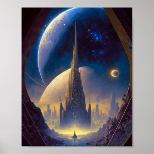 Framtida Space City Sci-Fi Art Poster