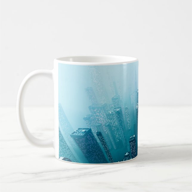 Framtida stadskärna med skyscraper i neoncybe kaffemugg (Vänster)