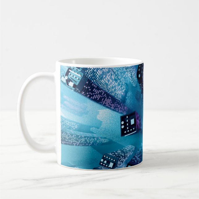 Framtida stadskärna med skyscraper i neoncybe kaffemugg (Vänster)