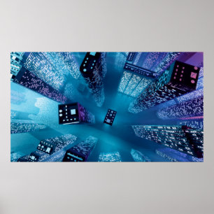 Framtida stadskärna med skyscraper i neoncybe poster