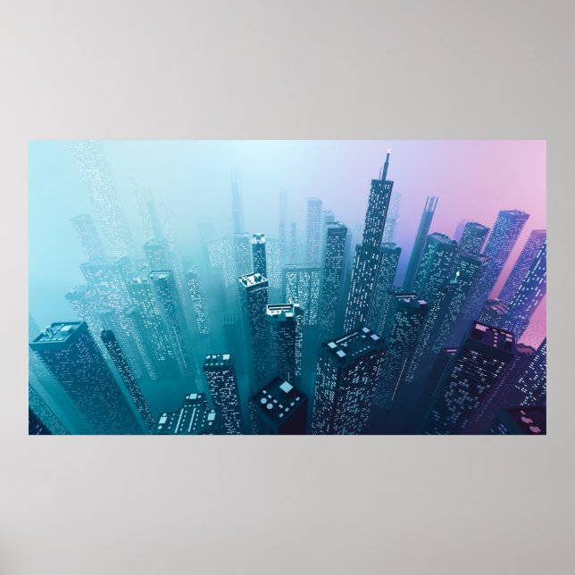 Framtida stadskärna med skyscraper i neoncybe poster (Framsidan)