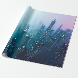 Framtida stadskärna med skyscraper i neoncybe presentpapper