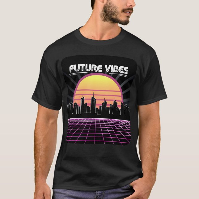 Framtida vibbar Synthwave solnedgångs rutnät Retro T Shirt (Framsida)