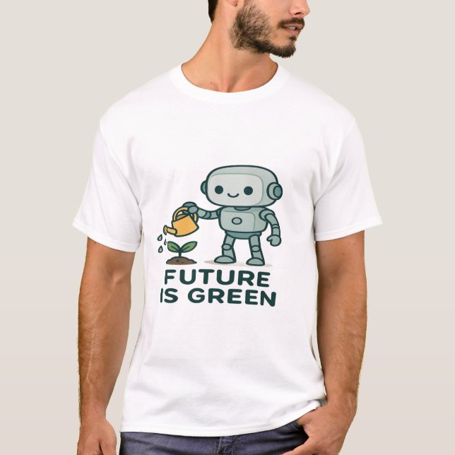Framtiden är Grönt - Cute Robot Watering Plant T Shirt (Framsida)