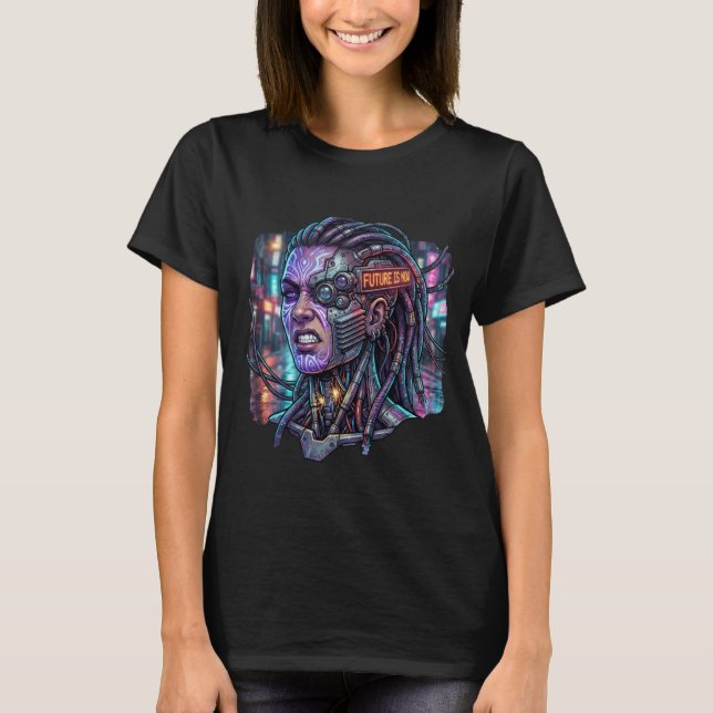 Framtiden Är Nu – Cyberpunk Cyborg Dreadlocks Neon T Shirt (Framsida)