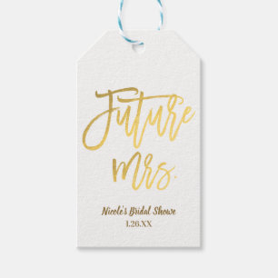 Framtidiga Mrs. Faux Guld Folie Modern Skript Förm Presentetikett