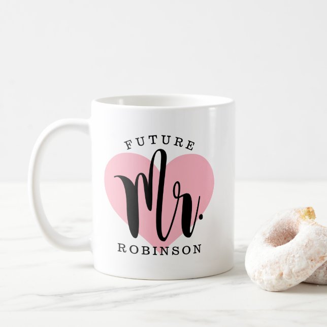 Framtidige herr Pink Heart Bröllopsmonogram Kaffemugg (Med munk)