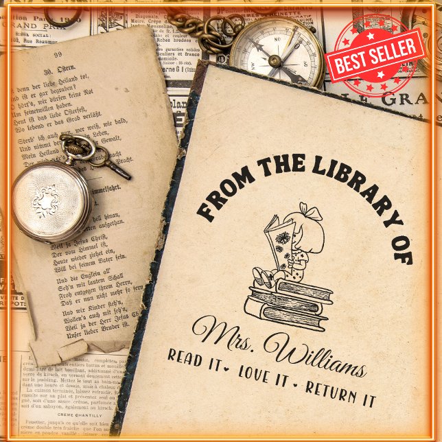 Från Bibliotek | Cute Girl Reads Teacher Bok Självfärgande Stämpel (Skapare uppladdad)