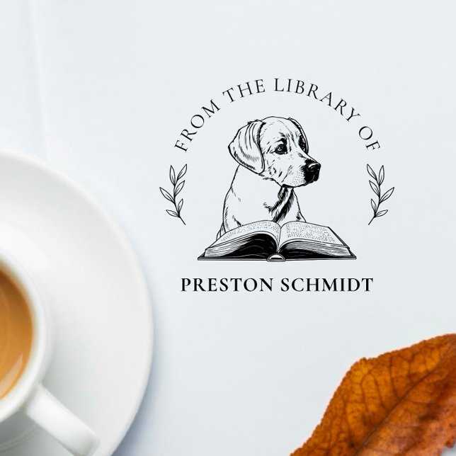 Från Bibliotek | Hund med Bok Elegant Löv Stämpel (Skapare uppladdad)