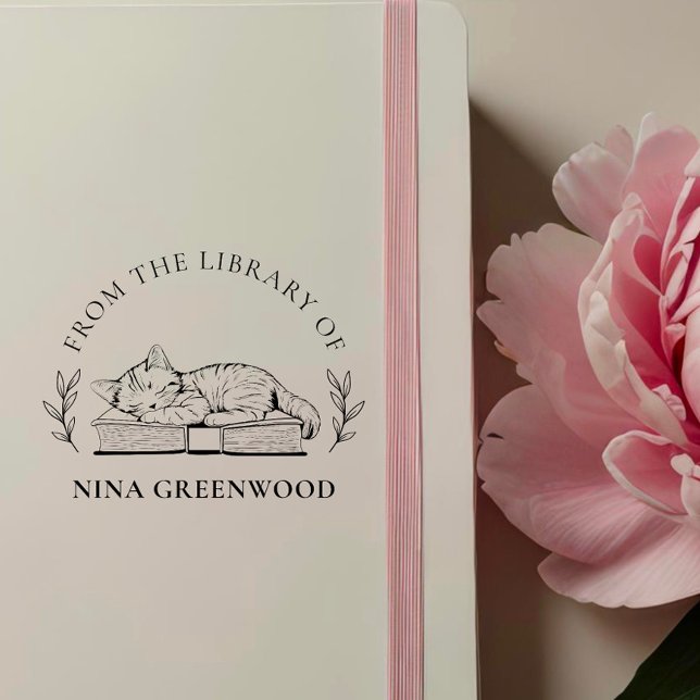 Från Bibliotek | Katt på Bok & Elegant Löv Självfärgande Stämpel (Skapare uppladdad)