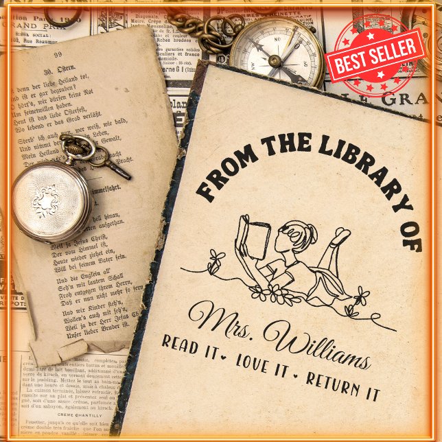 Från Bibliotek | Lärare Girly Bok Lärare Självfärgande Stämpel (Skapare uppladdad)