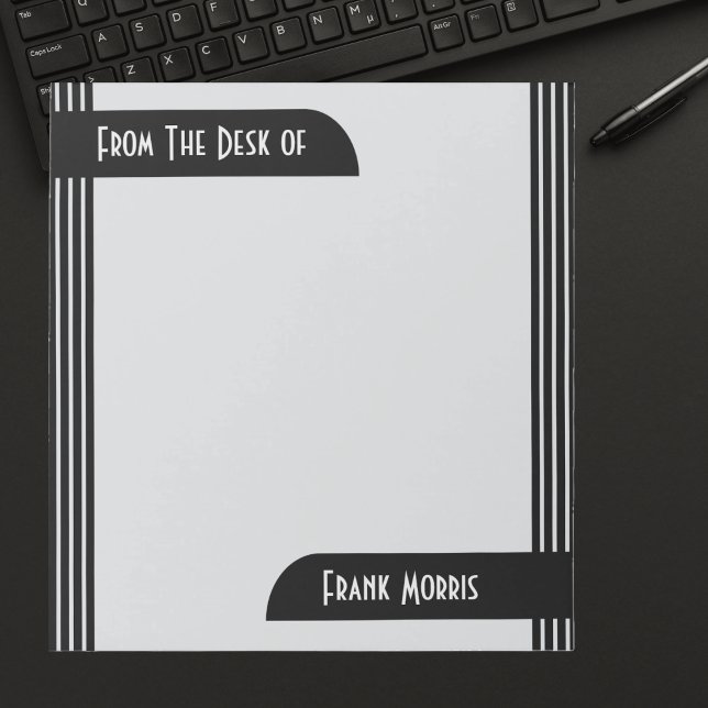 Från Desk Modern Art Deco Office Anteckningsblock (Modern Art Deco Monogrammed Note Sheet Pad. Classic black and white.)