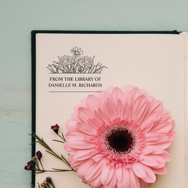 FRÅN DITT NAMNS BIBLIOTEK VILDFLOWERS  STÄMPEL (From the library of teacher stamp with botanical flowers wildflower and daisies with elegant font)