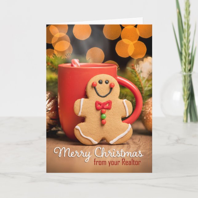Från fastighetsmäklare God Jul Pepparkaksgubbe Helgkort (Framsida)
