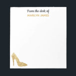Från Guld Sequins avstjälpningsplats för högHeel F Anteckningsblock<br><div class="desc">Från Desk of Guld Sequin High Heel Fashionista Glam Anteckningsblock. anteckningsblock för roligt för mode älskare,  skon älskare,  bloggare i mode eller mode formgivare. Faux-guld-sekvin med högklackade skon i grund-hörnet. Anpassa med namn "från skrivbordet" eller skriva i jobbtitel eller annan info. www.SamAnnDesigns.com</div>
