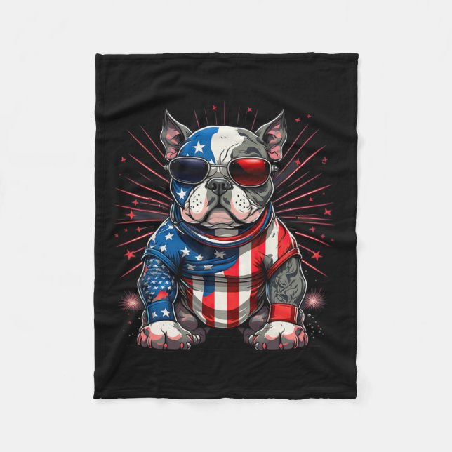 från juli Patriotic American Bully Hund US Flagga Fleecefilt (Framsidan)