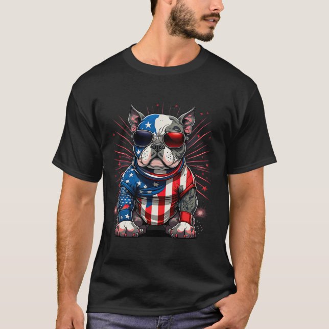 från juli Patriotic American Bully Hund US Flagga T Shirt (Framsida)