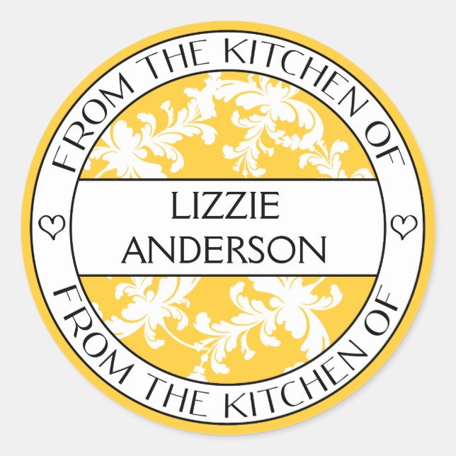 Från kök av gul vitdamast för etikett | (Framsida)