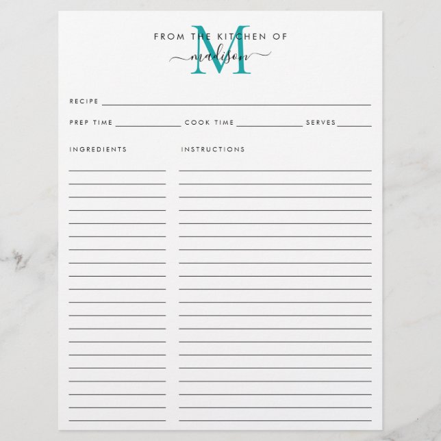 Från köket i Teal Grönt Monogram Recipe (Framsida)