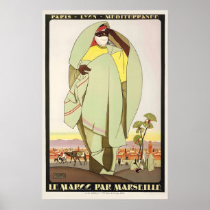 Från Marocko till Marseille Frankrike Vintage Resa Poster
