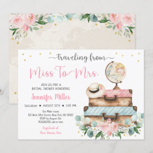 Från Miss till Mrs Rosa Blommigt Travel Möhippa Inbjudningar