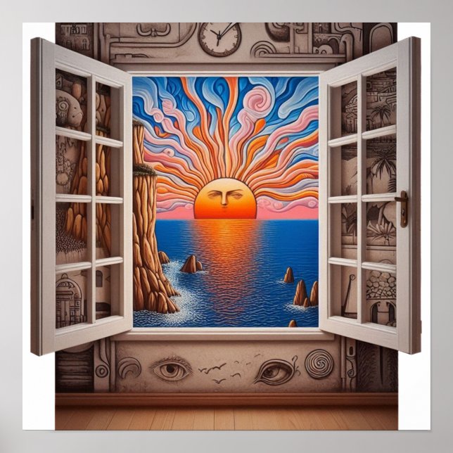 Från mitt fönster: Solnedgång och klipp Poster (Framsidan)