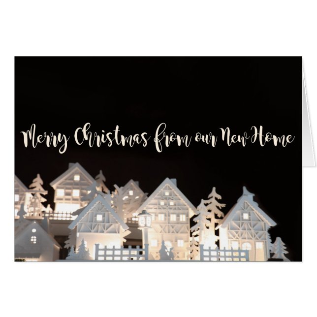 Från nya hem- upplyst julhus hälsningskort (Framsidan Horizontal)